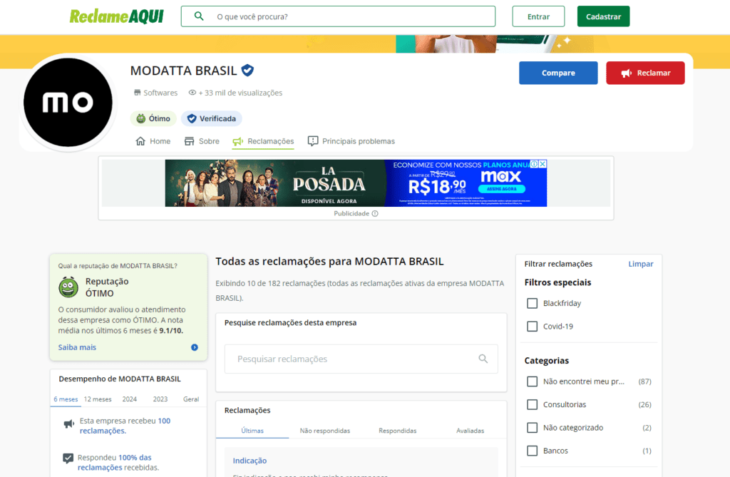 Reputação do Modatta no Reclame aqui