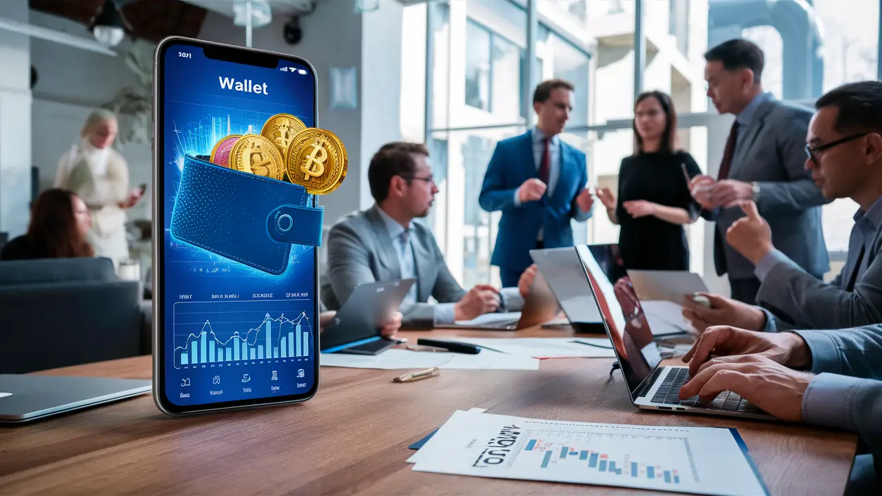 Pessoas discutindo em volta de um smartphone exibindo app de carteira digital com moedas e gráficos.