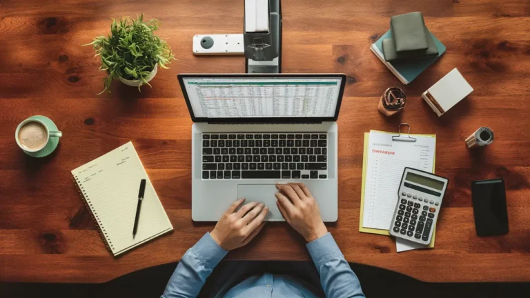 Espaço de trabalho organizado com laptop aberto mostrando planilha, calculadora, café, planta e bloco de notas.