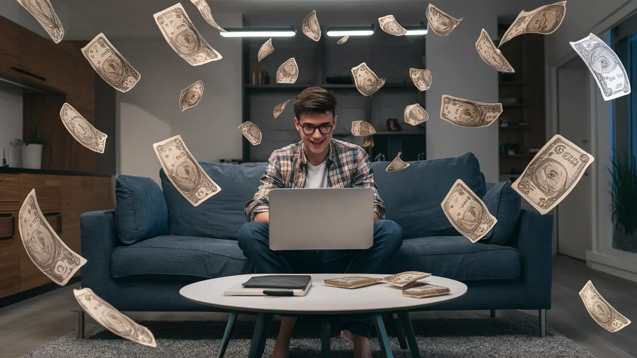 Jovem sorrindo assistindo vídeos no laptop com moedas douradas flutuando ao redor em uma sala de estar moderna.