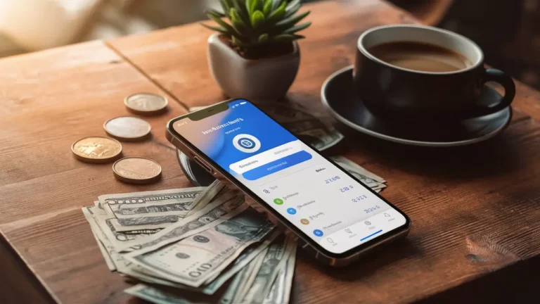 Smartphone com aplicativo de carteira digital, moedas e notas ao lado, planta pequena e xícara de café.