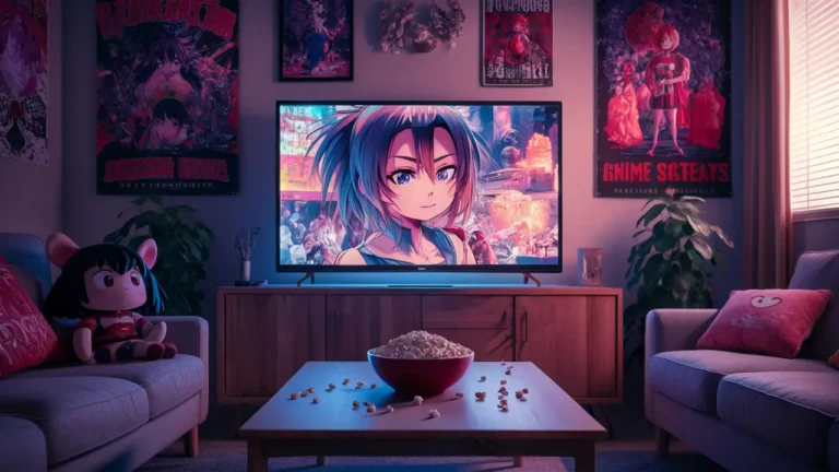 Televisão exibindo cena de anime em sala aconchegante com pôsteres nas paredes e brinquedo de personagem de anime no sofá.